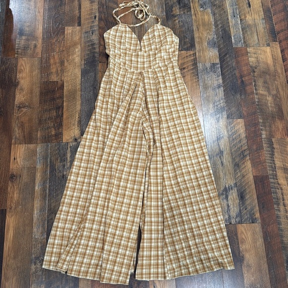 Free People Yellow Plaid Kaia Wide Leg Jumpsuit